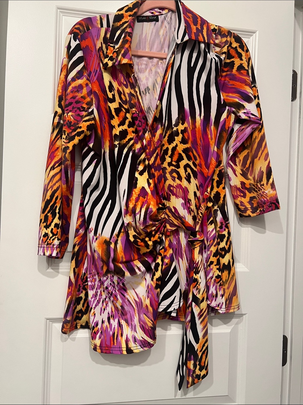 Max & Rina Bold Mixed-Print wrap dress — Yellow, Pink, Black and white